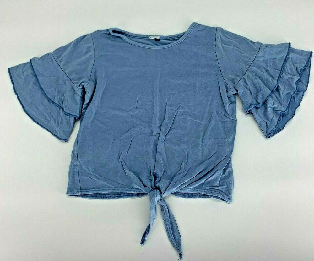 Girls Tie Crop Top Shirt Casual Summer Ruffle Sleeves